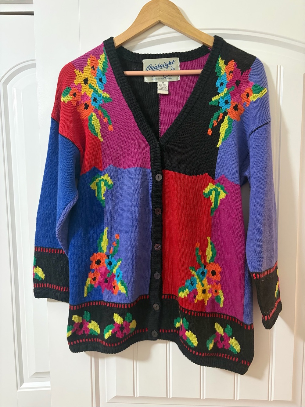 Vintage Colorblock Floral V-Neck  Cotton Blend Cardigan Sweater